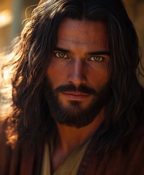 Jesus Christ in warm light with long hair and beard conveying peace photo