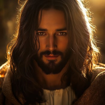 Jesus Christ with long hair and beard stands under soft light outdoors photo