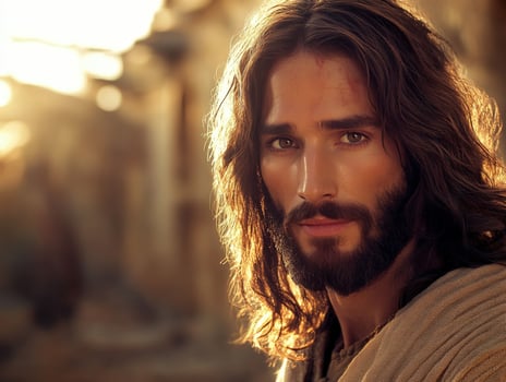 Jesus Christ portrait in a historical setting during golden hour photo