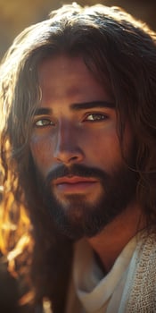 Jesus Christ with long hair and beard in a serene outdoor setting photo