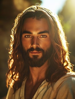 Jesus Christ with long hair and beard in natural light outdoors photo