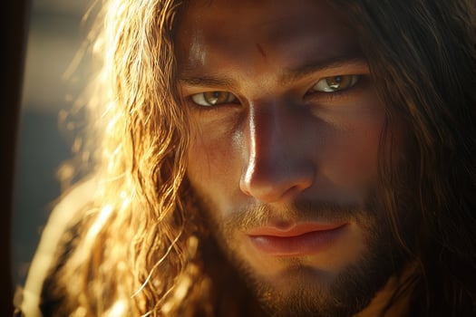 Jesus Christ portrait outdoors, long hair and thoughtful look photo