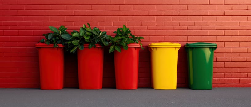 Colorful trash bins arranged against a vibrant red wall, showcasing environmental awareness and waste management. photo