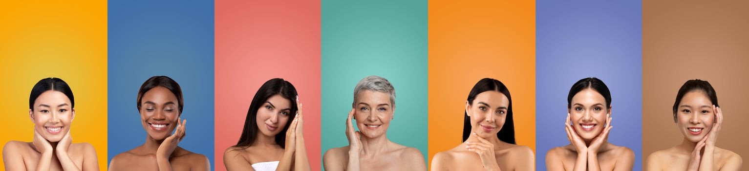 Seven diverse women with different skin tones and hair colors smile at the camera with their hands on their cheeks. They are positioned against a colorful background photo