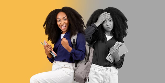 A young Black woman stands in front of two different backgrounds. She joyfully celebrates a moment with a fist pump while holding books in her left hand. In contrast, she appears distressed photo