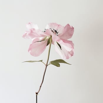 A single pink flower is shown in front of a white background photo
