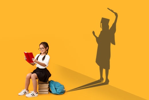 Cheerful Asian Schoolgirl Reading, Sitting On Book Stack, Shape Of Female In Graduation Costume Over Yellow Background, Kid Dreaming About Master Degree, Conceptual Image, Panorama photo