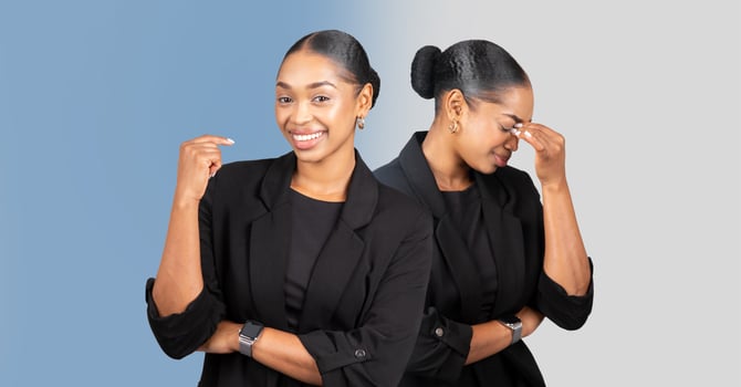A professional Black woman is depicted showcasing contrasting emotions. On one side, she is smiling confidently, while on the other, she appears thoughtful and contemplative photo