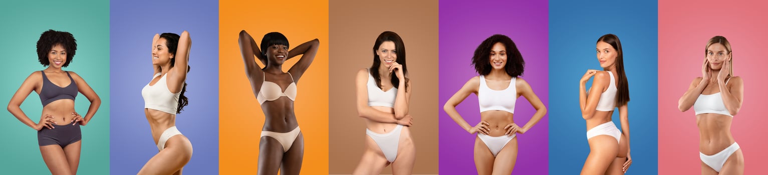 Seven multiethnic women of different appearances are posing in white underwear against brightly colored backgrounds in a studio setting. The women are all smiling and looking confident. photo