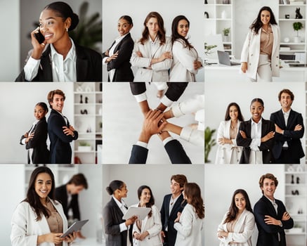 A diverse group of professionals is shown engaging in various collaborative activities in a modern office setting. Individuals are seen on the phone, smiling, discussing ideas, and working together photo