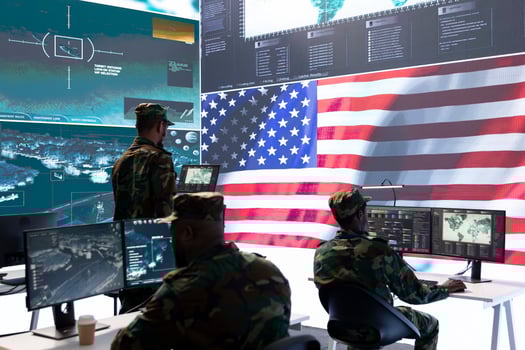 US soldiers operating in a high tech cybersecurity command post, managing state secrets and classified information. Protecting the national servers against digital threats and cyber warfare. photo