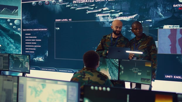 Army officers providing details for a new national safety mission, diverse team briefing their soldiers in a military base of operations. Specialists working with reconnaissance big data. Camera B. photo