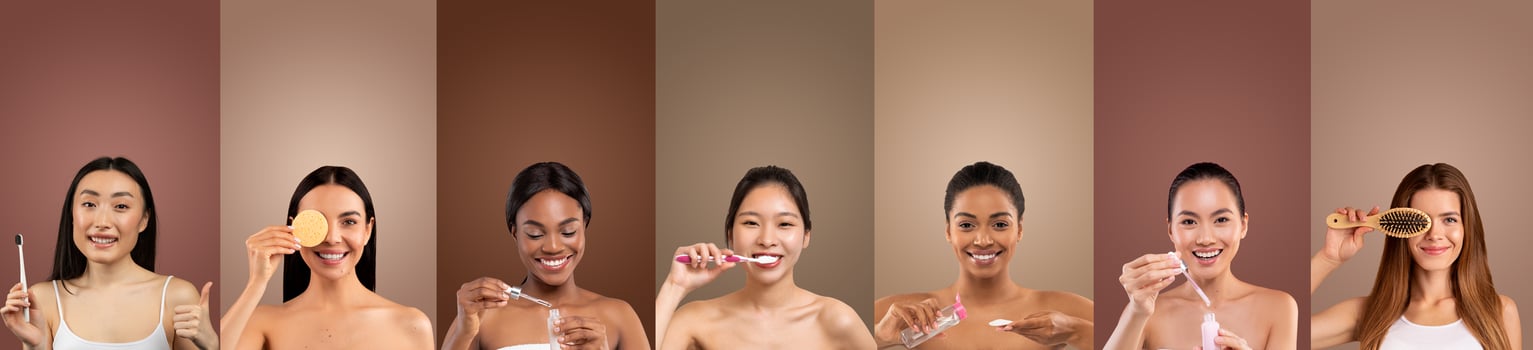 This image shows seven multiethnic women with bare shoulders and smiling faces. They are each holding different beauty products and engaging in various beauty practices photo