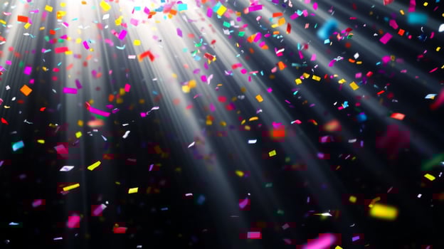 Bright, colorful confetti falling against a dark background, illuminated by sharp rays of light cutting through the scene, creating a festive and dynamic atmosphere photo