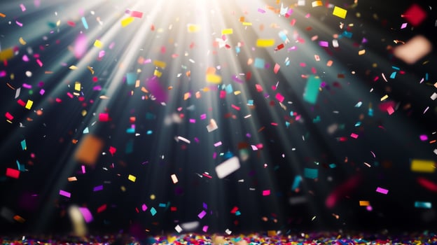 Bright, colorful confetti falling against a dark background, illuminated by sharp rays of light cutting through the scene, creating a festive and dynamic atmosphere photo