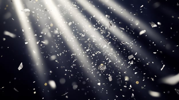 Dynamic image of swirling confetti, caught in beams of white light, with the dark background enhancing the brightness and movement of the scene photo