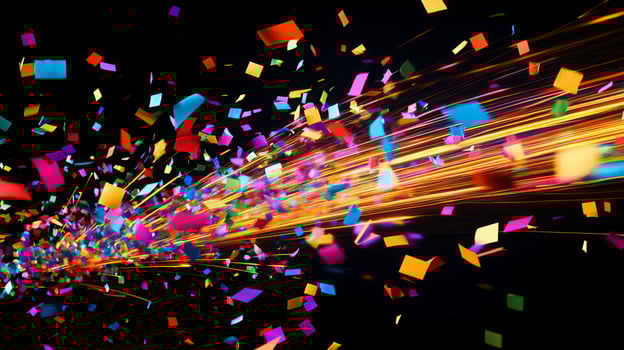 A vibrant scene of confetti fluttering through the air, with bold, colorful streaks of light illuminating the falling pieces against a deep black background photo