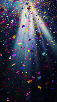 Bright, colorful confetti falling against a dark background, illuminated by sharp rays of light cutting through the scene, creating a festive and dynamic atmosphere photo