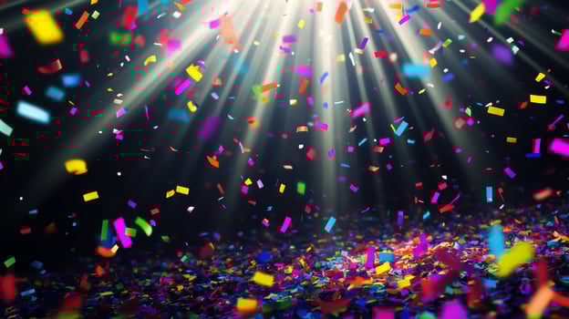 Bright, colorful confetti falling against a dark background, illuminated by sharp rays of light cutting through the scene, creating a festive and dynamic atmosphere photo