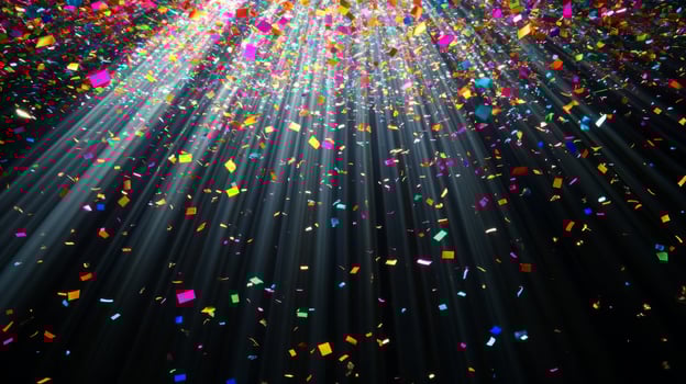 Colorful confetti suspended mid-air, with beams of light fanning out and illuminating the particles as they fall against a black void photo