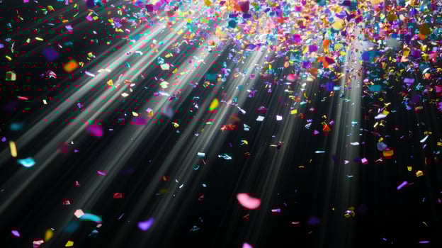 Multicolored confetti raining down against a black backdrop, with dramatic light rays streaming through the scene, casting shadows and reflections photo