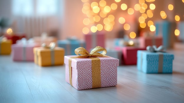 A colorful array of small boxes are arranged in a circle on a wooden floor photo
