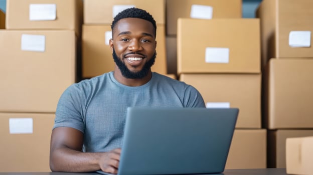 Smiling young man working on laptop in warehouse filled with boxes, showcasing positive and productive atmosphere. photo