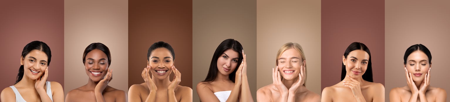 This image features seven multiethnic women posing against a neutral, light brown backdrop. Each woman is wearing minimal makeup, with her hands gently resting on her cheeks photo