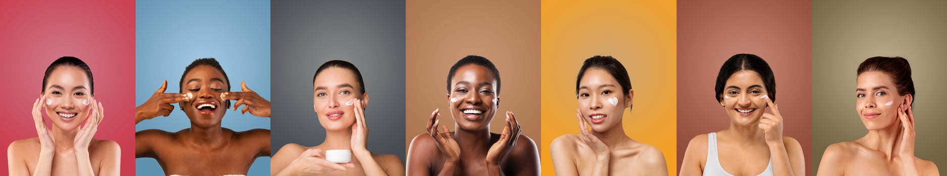 Seven multiethnic women of various skin tones smile as they apply face cream to their skin. They stand against colorful backgrounds. photo
