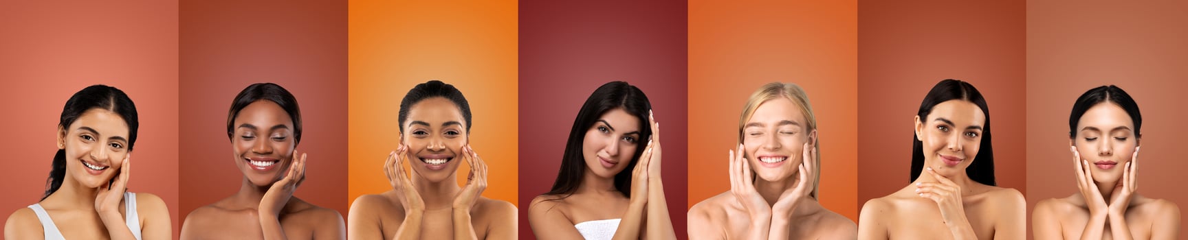 A group of eight women with varying skin tones are photographed against a background of eight different colors. Each woman is smiling and touching their face with both hands. photo