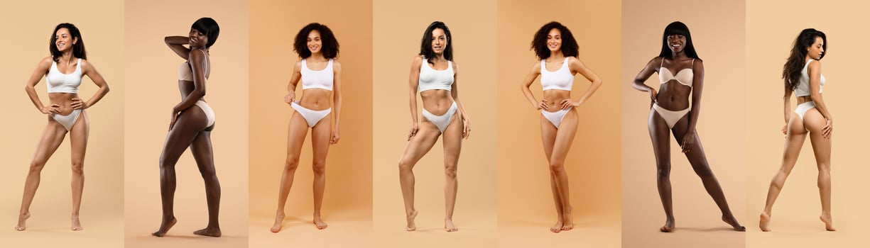Multiethnic young ladies posing in underwear over studio background, demonstrating well-fit stunning bodies, panorama, collage photo
