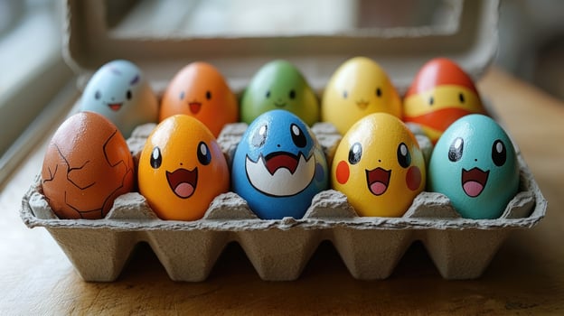 Ten colorful pokemon easter eggs smiling in a carton photo