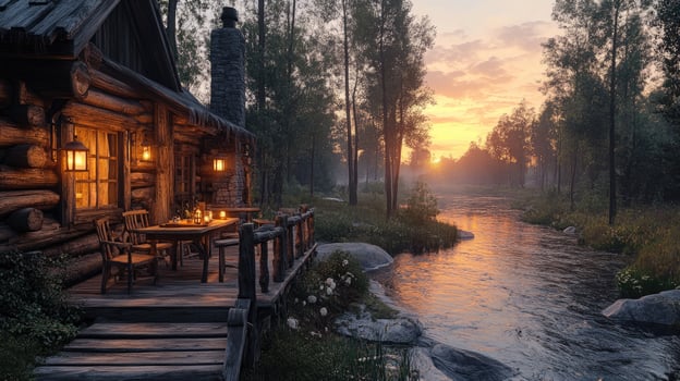 Wooden cabin overlooking river at sunset with lanterns lit on porch photo