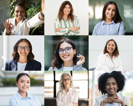 A diverse collection of women smiling and posing for the camera. Each individual showcases confidence and friendliness in a professional environment. The atmosphere is bright and welcoming photo