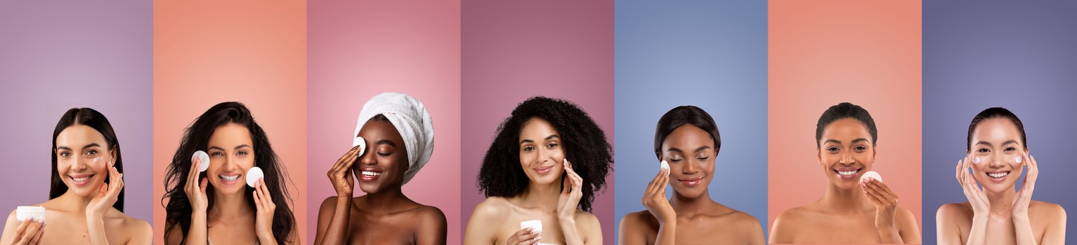A group of diverse women are shown applying makeup with cotton pads. The women are positioned against different colored backgrounds, creating a vibrant and eye-catching visual. photo