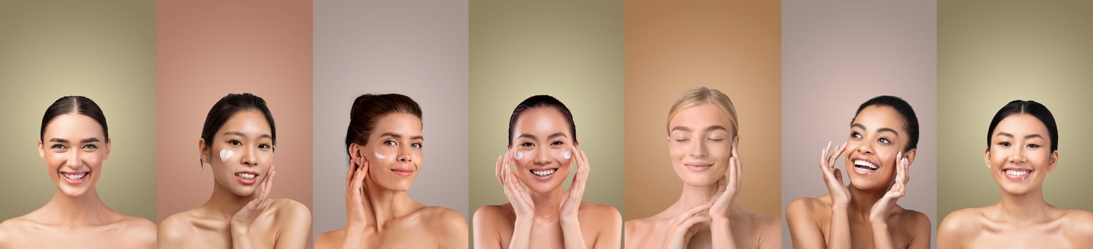 Seven women with varying skin tones stand in a studio setting, each applying facial skincare products to their faces. They are all smiling and appear happy with the products. photo