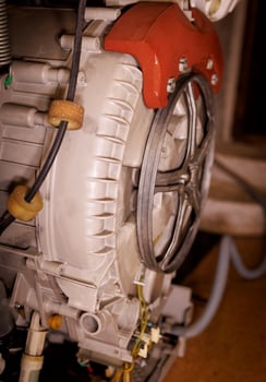 Disassembled automatic washing machine, washing machine maintenance, washing machine repair and replacement concept, selective focus. photo