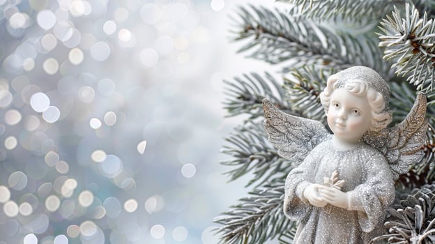 Christmas greeting card with silver angel on blurred bokeh background. photo