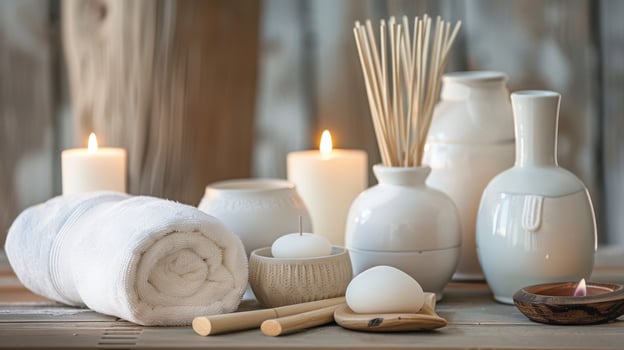 Spa accessories on wooden table photo