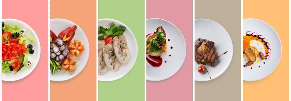 Set of various restaurant meals on colorful background. Collage of different main courses, meat and fish dishes with garnish, salads and desserts, business lunch concept, top view photo