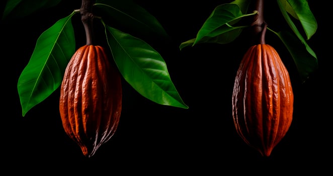 Cocoa pod with leaves isolated on black background photo
