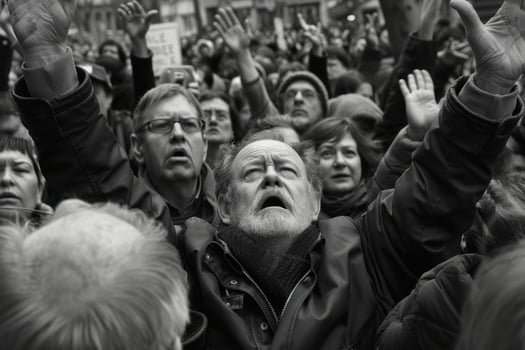 A man raises his hands in the air during a protest photo