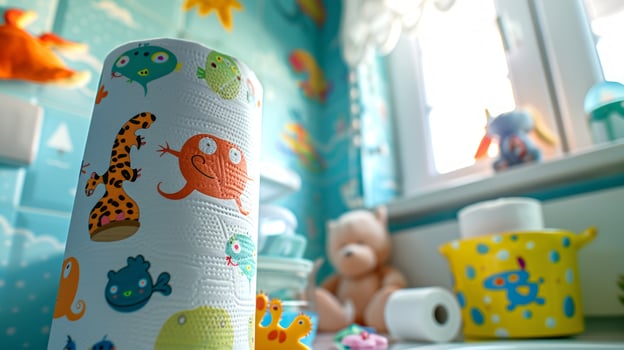 Paper towels with a cheerful children's design in a bright, playful nursery setting. Concept of kids' decor, hygiene, fun, and colorful interiors photo