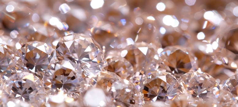 Close-up of sparkling brilliant cut diamonds on a reflective surface. Concept of luxury gemstones, precious jewelry, sparkling brilliance, diamond collection. Background, banner. Copy space photo