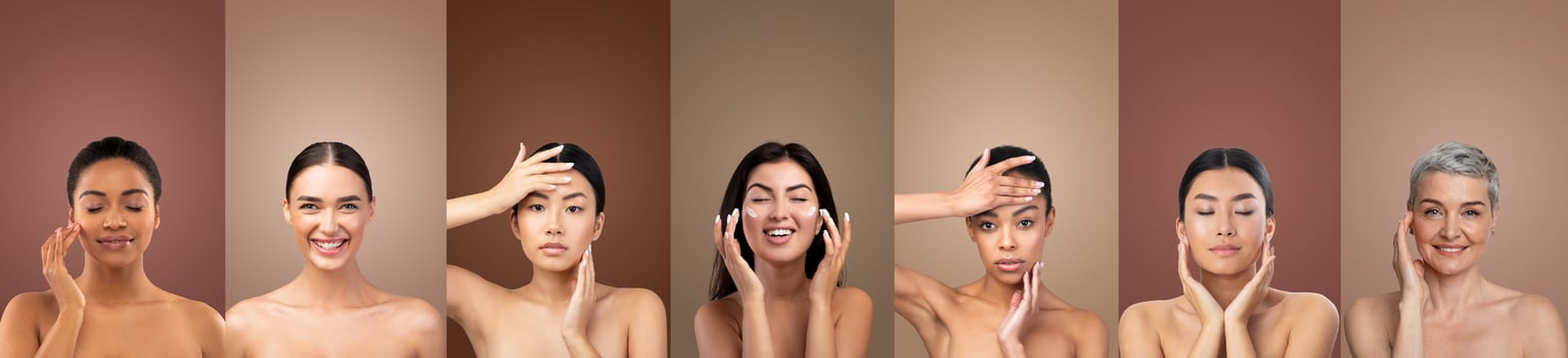 Seven women of different ages and skin tones are shown in a studio setting, applying skincare products to their faces. They are all looking at the camera with a variety of expressions. photo