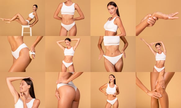 A lady in white lingerie demonstrating different skincare and grooming activities, including shaving, brushing, and exfoliating, against a beige background. photo