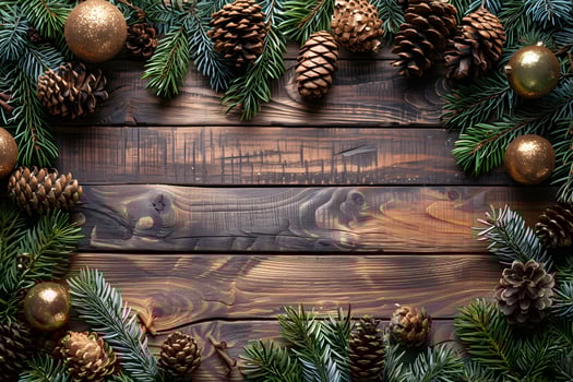 Christmas Holiday Wreath and Pine Cones on Rustic Wooden Background - Perfect for Seasonal Designs photo