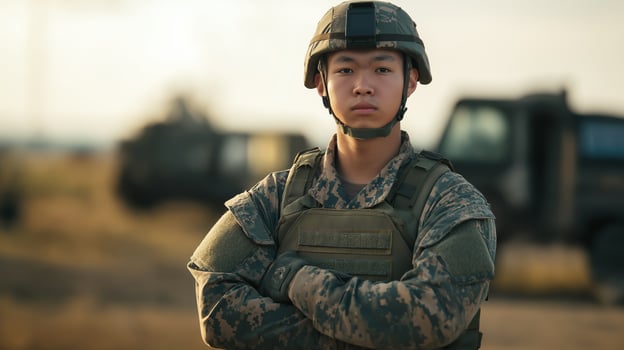 East Asian Male Soldier Standing Confidently in Military Uniform Outdoors Concept of Strength and Duty photo