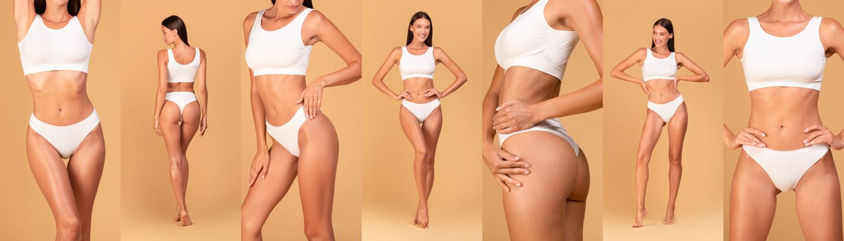 Slim woman in white sporty lingerie posing with different facial expressions and body language against a beige background. photo