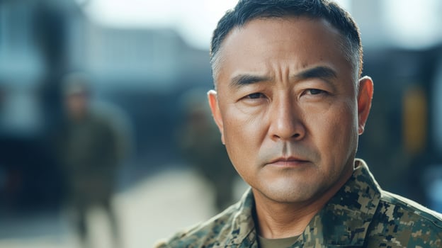 Confident Middle Aged East Asian Male Soldier in Standard Military Uniform Standing Outdoors photo